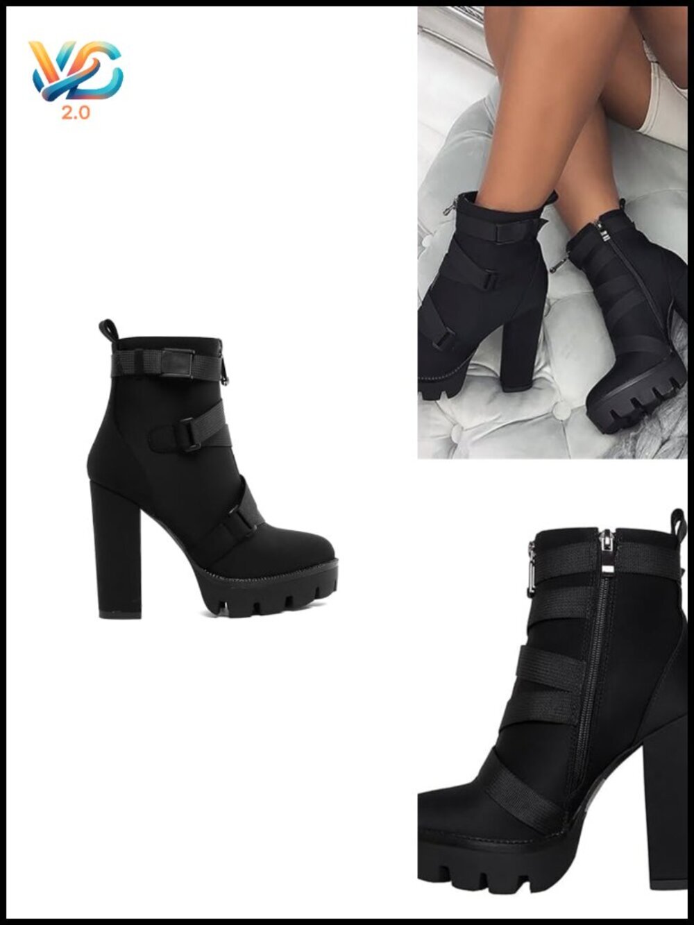 Platform Booties Chunky Heel Lace Up Side Zipper Buckle Strap